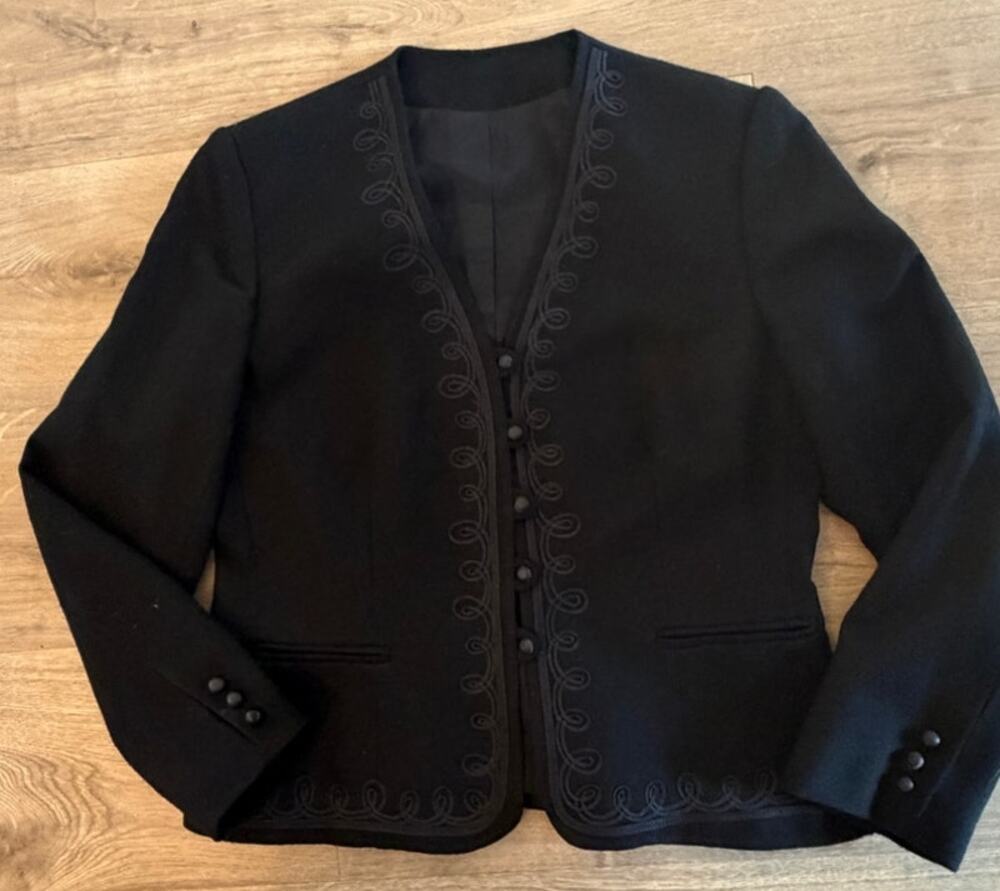 Vintage Black 100% Wool Soutache Trim Jacket Size 14